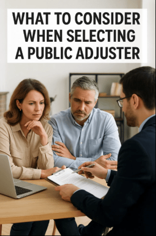 A serious-looking couple sits across from a suited professional holding a clipboard, appearing to discuss documents. The image is overlaid with bold text that reads "What to Consider When Selecting a Public Adjuster."