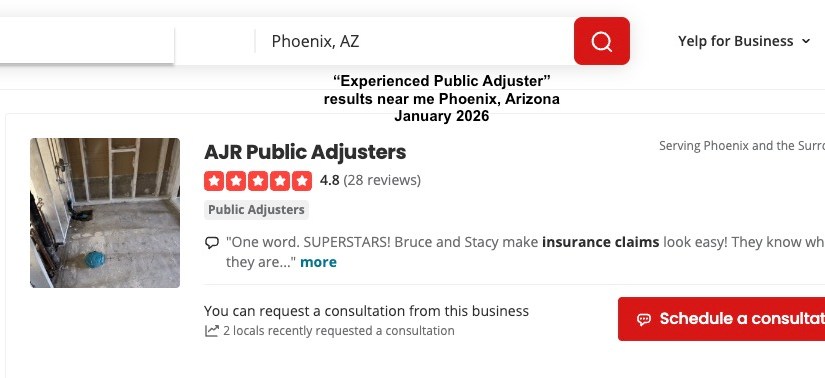 Screenshot of Yelp search results showing AJR Public Adjusters ranked for experienced public adjuster in Phoenix AZ with a 4.8 star rating and 28 reviews.