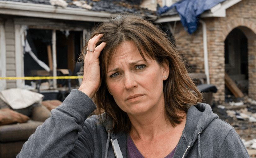 Stressed homeowner in front of fire- and water-damaged home, illustrating the overwhelming experience of filing an insurance claim after property damage.