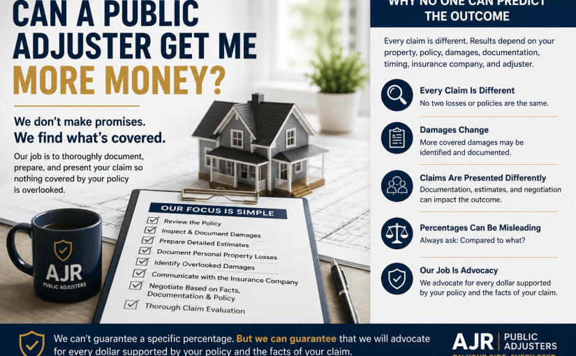 AJR Public Adjusters infographic featuring a model home, claim documents, and a checklist outlining the public adjuster process. The image highlights policy review, damage documentation, detailed estimates, identifying overlooked damages, and advocacy during insurance claims. Text emphasizes that no one can predict claim outcomes and that settlements depend on the property, policy, damages, documentation, and other factors. The graphic includes the message, “We don’t make promises. We find what’s covered.” and focuses on helping policyholders maximize covered insurance benefits through thorough claim evaluation and documentation.