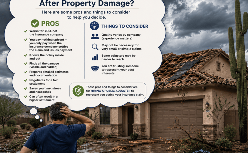Phoenix homeowner evaluating whether to hire a public adjuster after monsoon storm damage to an Arizona home and insurance claim.