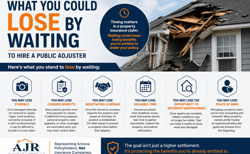 Infographic titled "What You Could Lose by Waiting to Hire a Public Adjuster" showing a storm-damaged home with a collapsed roof. The graphic highlights six potential risks of delaying professional representation during a property insurance claim: losing evidence, covered benefits, negotiating leverage, valuable time, the opportunity to document hidden damage, and peace of mind. It concludes by emphasizing that the goal is not simply a higher settlement, but protecting the insurance benefits a policyholder may already be entitled to. AJR Public Adjusters branding appears at the bottom.